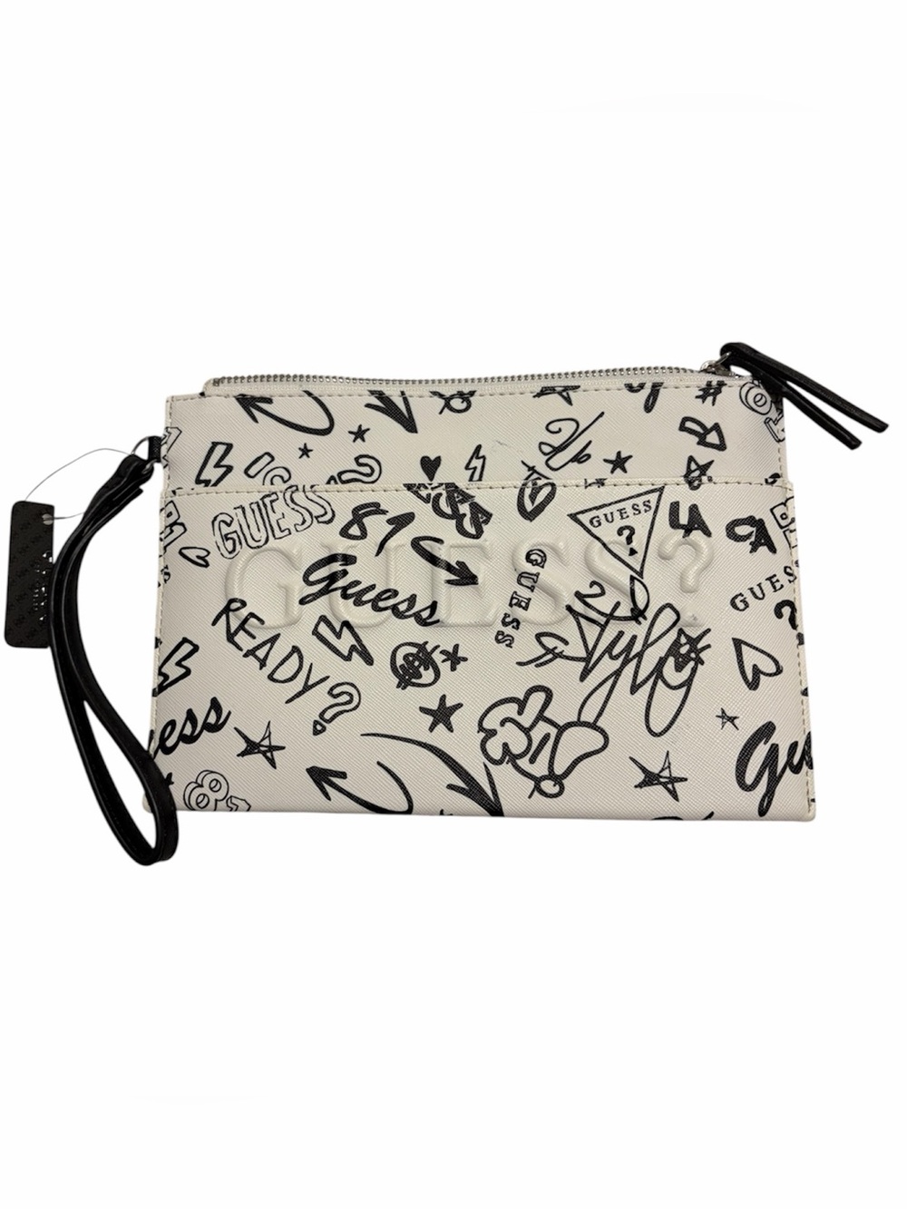 GUESS Graffiti White Wristlet Clutch with Black Graphic Print NWT
